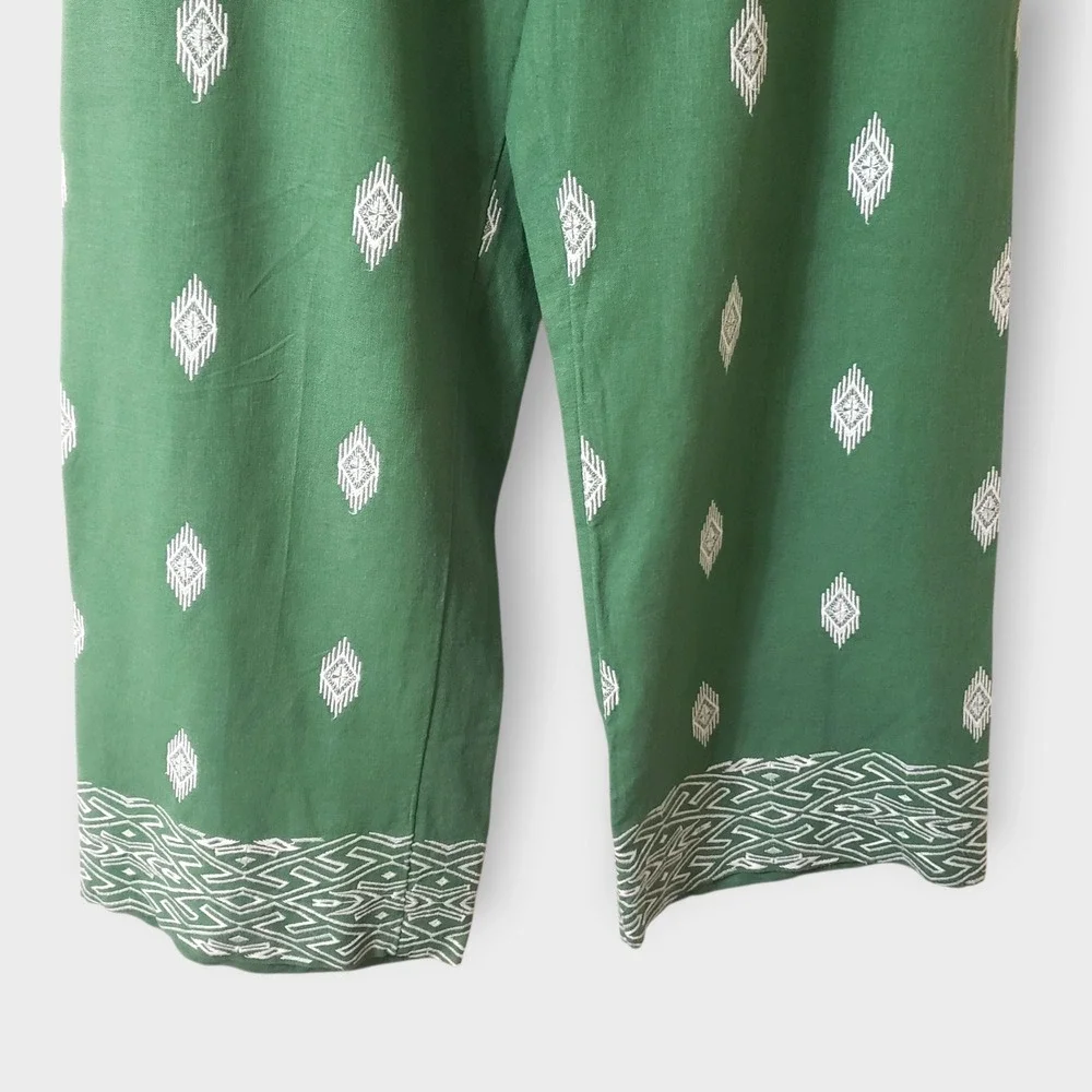 NWT Soft Surroundings Green Embroidered Linen Blend Wide Leg Crop Pants Small - Picture 3 of 12